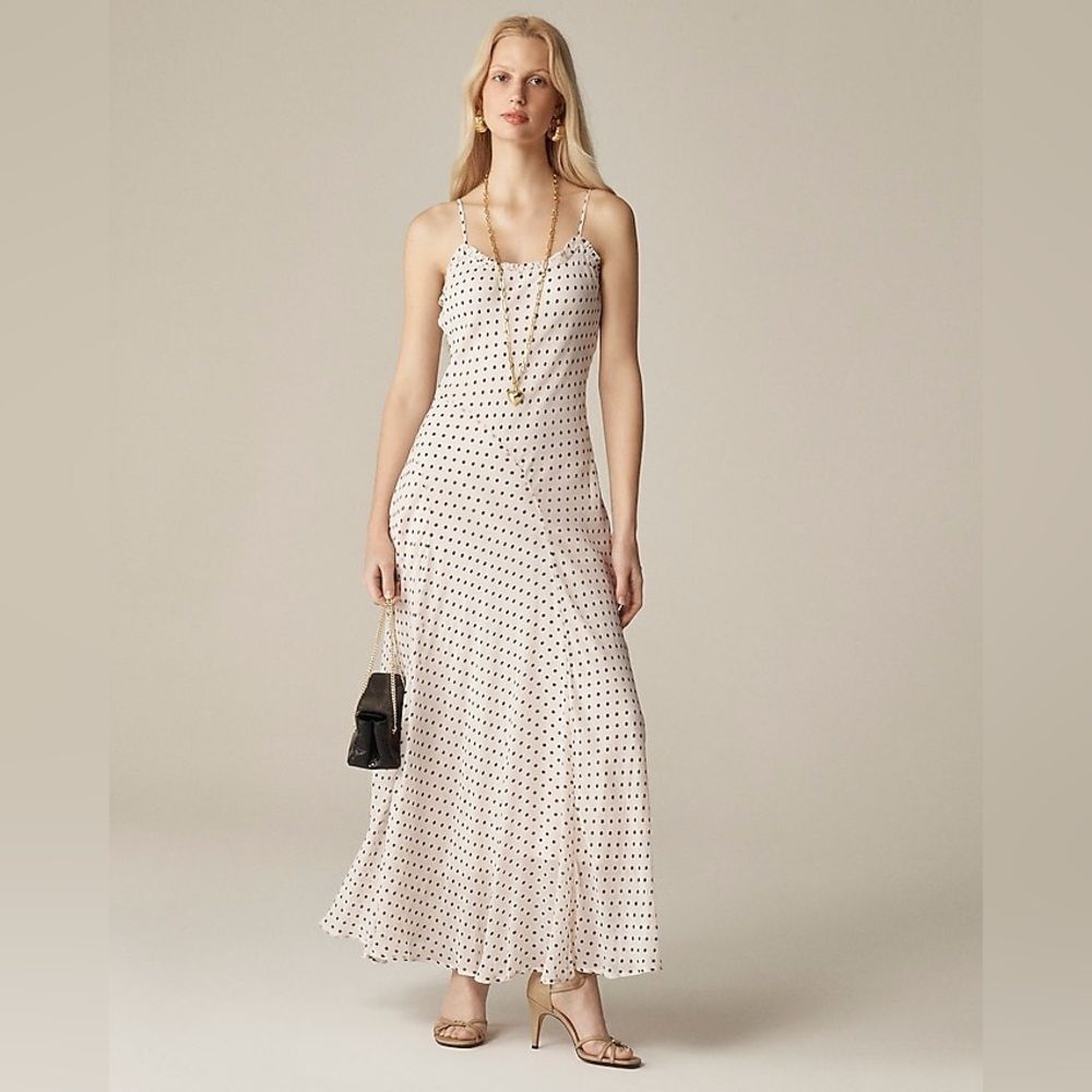 J Crew Collection Maxi Slip Dress in Chiffon Size 10 EUC Smokey White w/Polkadot